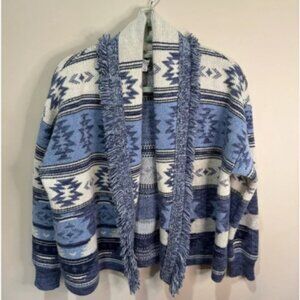 INTERMIX Lucy Fringed Striped Aztec Wool Cashmere Cardigan Oversized Sz P